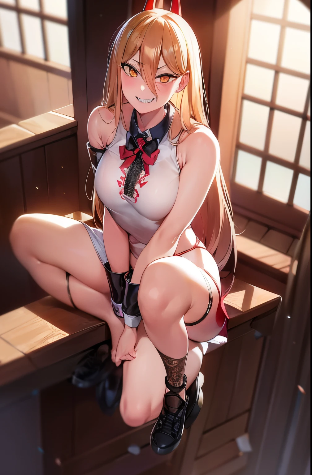 tmasterpiece, (Sharp teeth:1.1),(Ultra detailed backgrounds, delicate patterns, Complicated details, highly detailed, finely detailled), Best quality at best, strength, 1girll, banya, 独奏, teeth, Mischievous,A mischievous smile,dentes pontiagudos, cross-shaped pupils, long whitr hair, Yellow eyes, ((blond hairbl, little breast)), Red horn, jaket, (complex detailed background), (((cross-shaped pupils, pupils in symbol shapes)))
