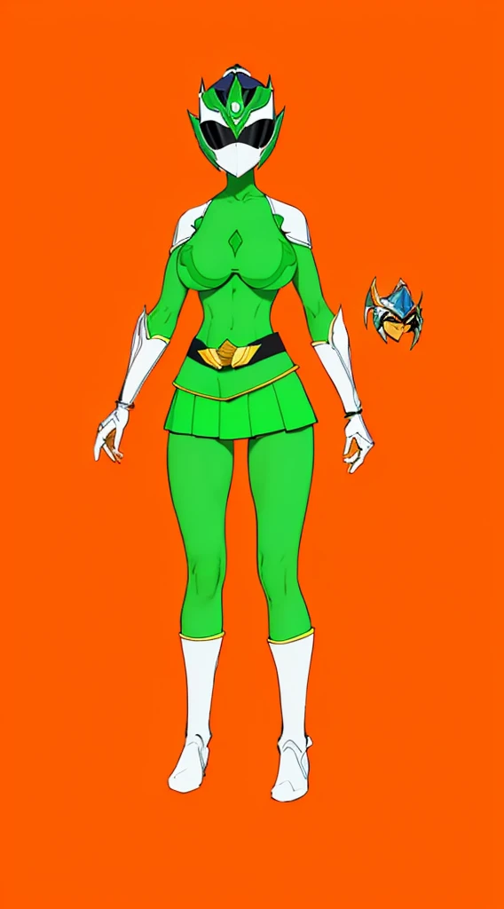 top-quality, Top image quality, masterpiece, character sheet, Full body, full of details, multiple poses, highly detailed, depth, many parts, one girl, solo, Standing, backgroun ruin temple, front view,body facing forward, power ranger, Ranger green, Headgear Helmet Green Power Ranger, no hair out, Green Mask cover face, Covering all face, mini skirt, big boob