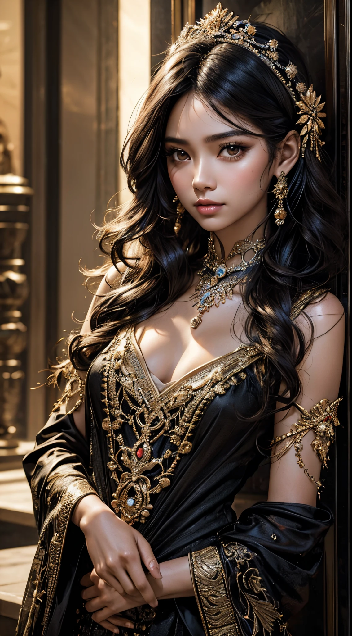 1 girl, Indonesian beauty, wavy black hair, medium hair, fashion hair, brown eyes, smaller head, slim body, realistic, masterpiece, ultra HD, raw photos, detailed face, detailed skin texture