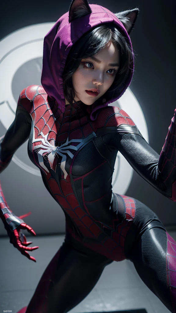 tmasterpiece,1 Korean girl,realisticlying,8K UHD,high high quality,in the background bokeh, spider-man black suit,Spidey,Clothes wrap around the whole body,Tight clothing,Abs contour,Short black hair,s the perfect face,shining face,Ultra-clear face,Elaborate Eyes,idoly