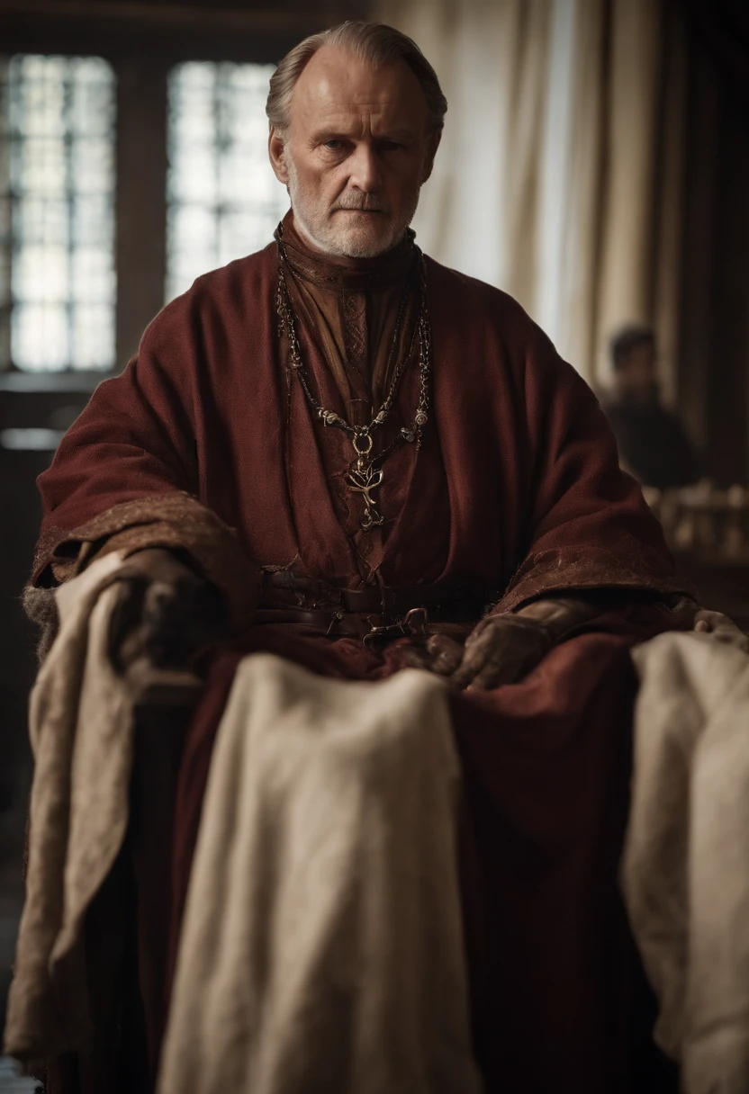 A photo of a series of delicate surgical incisions being made on a human cadaver, with precise and calculated movements.,Game of Thrones,Qyburn is an older man, wears a maester's robe and chain, famously portrayed by Anton Lesser, male