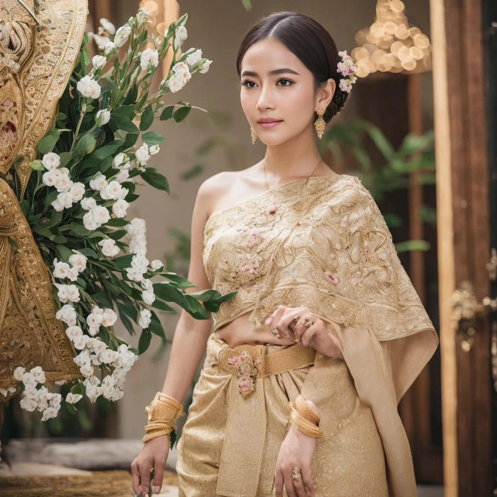 (best quality,4k,8k,highres,masterpiece:1.2),ultra-detailed,(realistic,photorealistic,photo-realistic:1.37),beautiful detailed eyes,beautiful detailed lips,extremely detailed eyes and face,long eyelashes,1 girl,Thai traditional costume,holding many flowers,delicate hand movements,richly colored,artistic rendering,soft lighting,serene background,graceful posture,fine embroidery,elaborate patterns