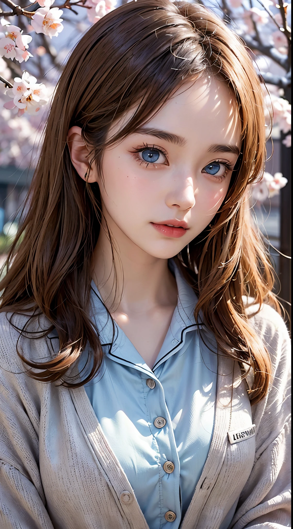 About 20 years old、Japan women、Beautiful woman、Blonde straight long hair、Beautiful hair、A detailed face、Detailed eyes、A detailed face、Detailed skin、realskin、((pajamas、Canadian pattern long cardigan))、autumn hospital、Hospital garden、big sakura tree、((Light blue eyes))