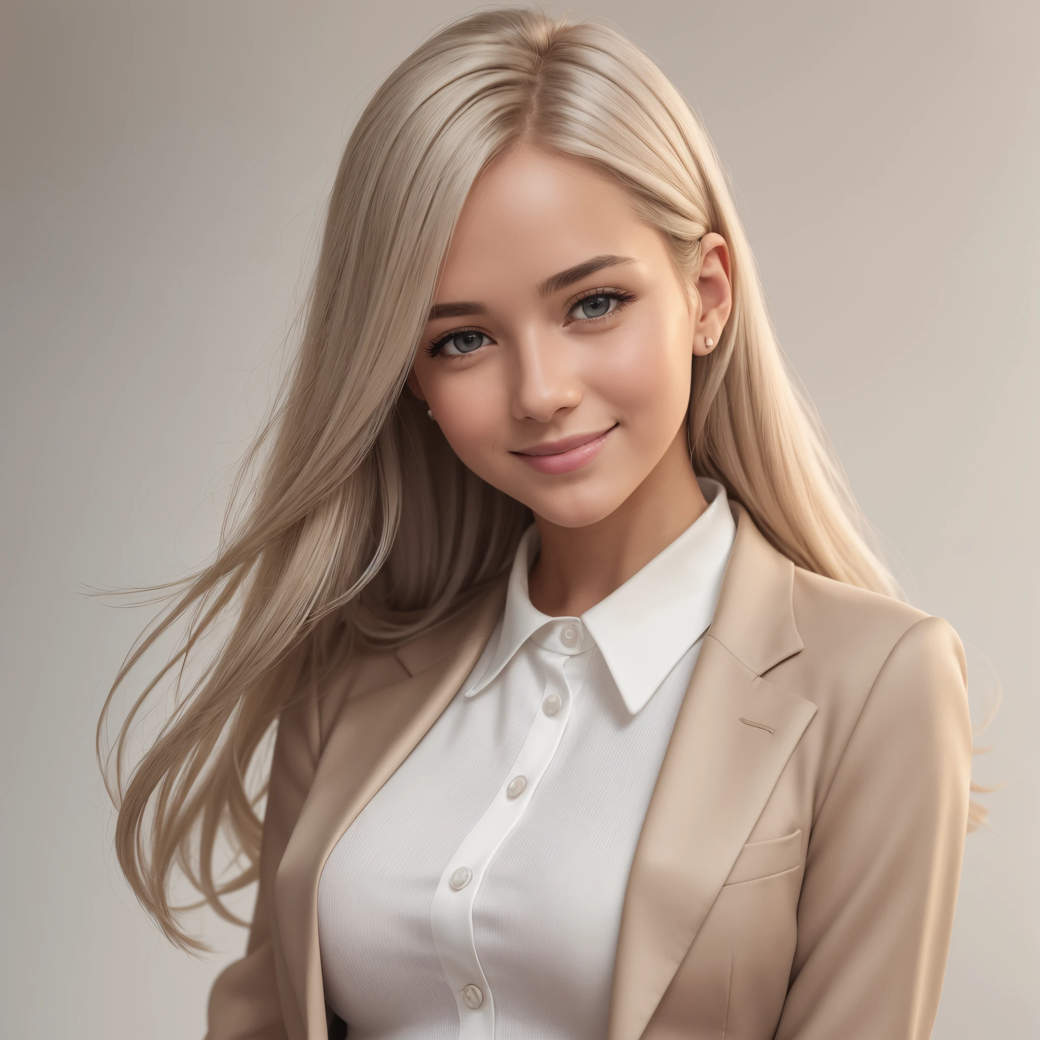 mix4, (raw photo),(best quality), (photorealistic),(simple white background:1.2), ,,a girl, upper body, high detail face, smile,[ash blonde | ginger | brown gray hair], Fujifilm XT3, High-waisted pants in a neutral tone like beige or camel or silver or blue, paired with a silk blouse and structured blazer, create a polished and powerful look, --auto --s2
