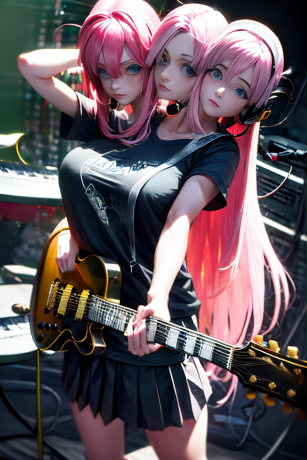 (masterpiece, best quality), best resolution, (2heads:1.5), (Two heads), 1girl, conjoined, solo, black skirt, blue eyes, electric guitar, guitar, headphones, holding, holding plectrum, instrument, long hair, , music, one side up, pink hair, playing guiter, pleated skirt, black shirt, indoors