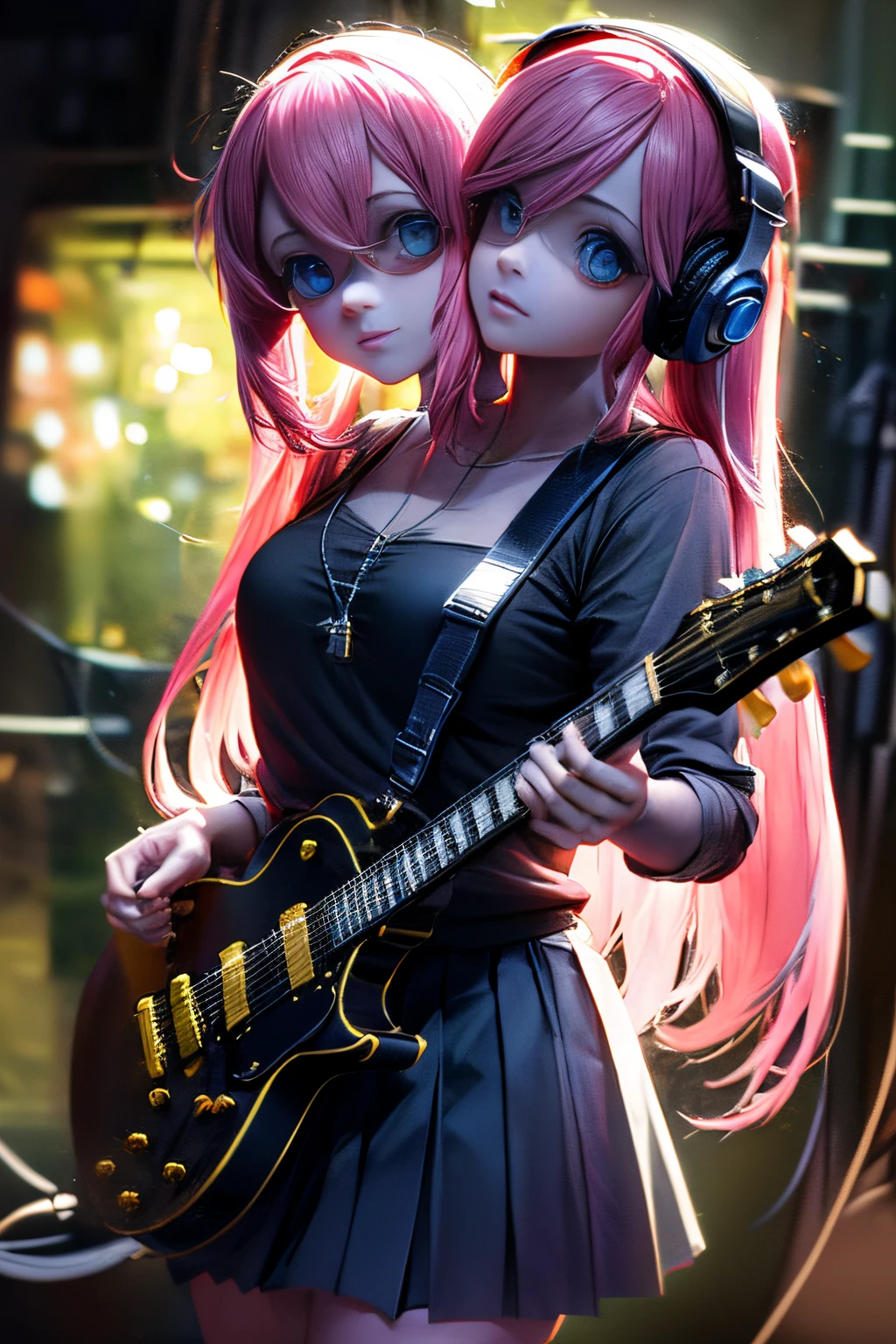 (masterpiece, best quality), best resolution, (2heads:1.5), (Two heads), 1girl, conjoined, solo, black skirt, blue eyes, electric guitar, guitar, headphones, holding, holding plectrum, instrument, long hair, , music, one side up, pink hair, playing guiter, pleated skirt, black shirt, indoors