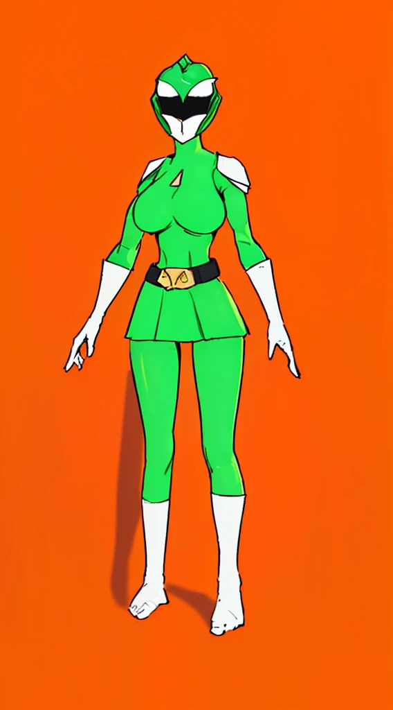 top-quality, Top image quality, masterpiece, character sheet, Full body, full of details, multiple poses, highly detailed, depth, many parts, one girl, solo, Standing, backgroun ruin temple, front view,body facing forward, power ranger, Ranger green, Headgear Helmet Green Power Ranger, no hair out, Green Mask cover face, Covering all face, mini skirt, big boob