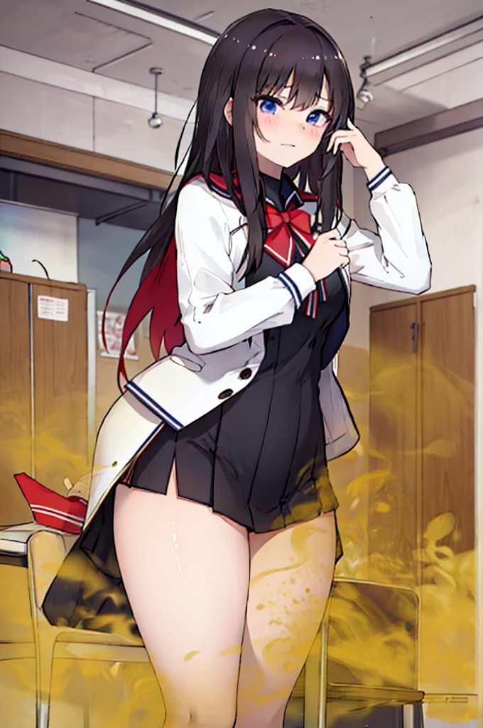 tmasterpiece，high high quality，Teenage girl，girl，Girls' high school students，‎Classroom，Very shy，fart，with her hips raised，fart a lot
