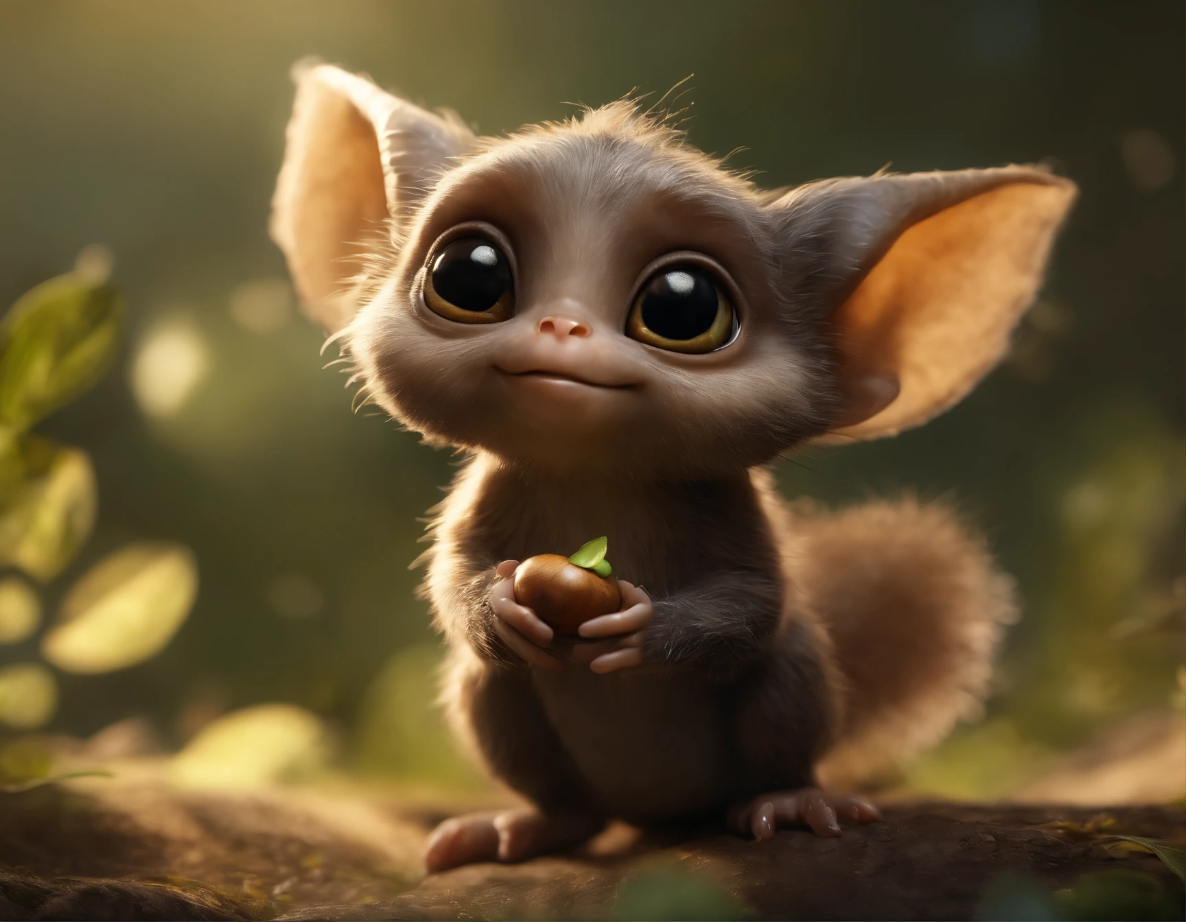 真实感, Realism, Close up of cute tiny fireflies around a huge oak tree, Morning lighting, dew, illuminate the bush, a detailed painting, cgsociety, Detailed painting, artstation hd, high detail, cgsociety, photo realism, Concept art, artstation hd, official arts, bokeh ,(CBZBB:1.25), ((gremlin, taupe),Zhkute, Small, baby, Beautiful, Fantasy art, deviant art, trending artstation, Digital Art, Detailed, Realistic, humanoid, character, loves music, holding a huge acorn in his paws, tiny, Cinematic shot, cinematic portrait of a mole gremlin, cute character, holding an acorn in his paws, looks like a gremlin, large ears, elongated nose,,,,,,, 真实感, Realism, tmasterpiece, Brad Jongsan walks in the jungle (Night of the Fireflies), (higly detailed: 1 1), rough face, natural skin, tousled, five toes, hiquality, NSFW, pretty eyes, (Detailed face and eyes), (s face: 1 2), tumult, Complementary, real-photo, ........PSD, Lightweight Film Photography, sharp-focus, contrast lighting, Detail Skin, high resolution 8k, Crazy detailing, Realistic, professional photo of a, 8K UHD, dslr, soft light, hiquality, film grains, Fujifilm XT3