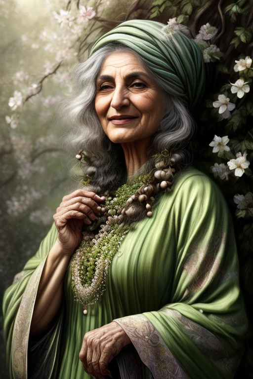 spring inspired art ,an old Persian woman in spring , with green clothes , digital painting, in the style of sophie wilkins, irene sheri, naoto hattori, pointillist artworks, chic illustrations, lush brushstrokes, 1970s