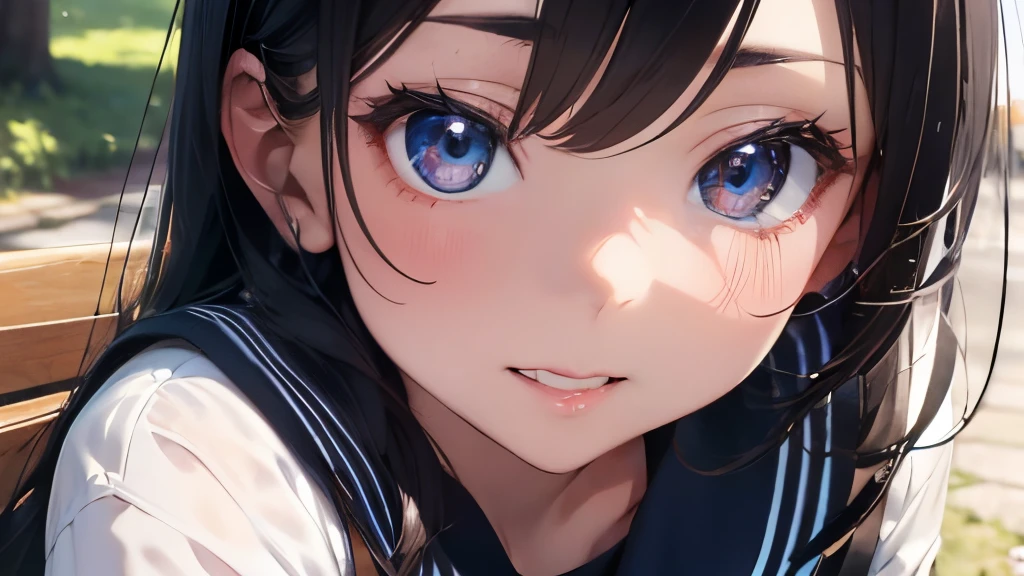 close eyes,(best quality,highres,ultra-detailed,realistic:1.2), detailed eyes and face, beautiful detailed lips, extremely detailed eyes and face, long eyelashes, high school girl, sitting on a bench in the park, beaming with a radiant smile, clear blue sky, sailor uniform, simple yet cute, long black hair, illustration in the style of anime from a romance manga,Have a kissing face