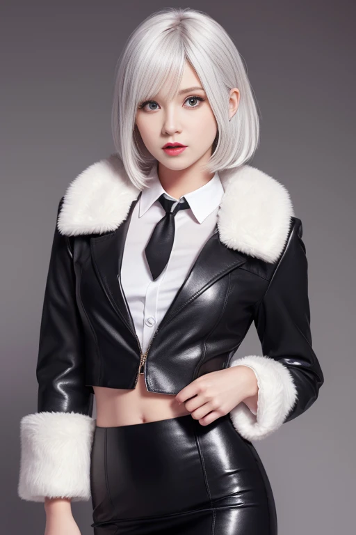 Photorealistic, High resolution, 1 Women, Solo, hips up high,Lolita costume, Beautiful eyes, White hair, Ringed Eyes, Collared shirt,black necktie,Black skirt, pencil skirts, Fur coat