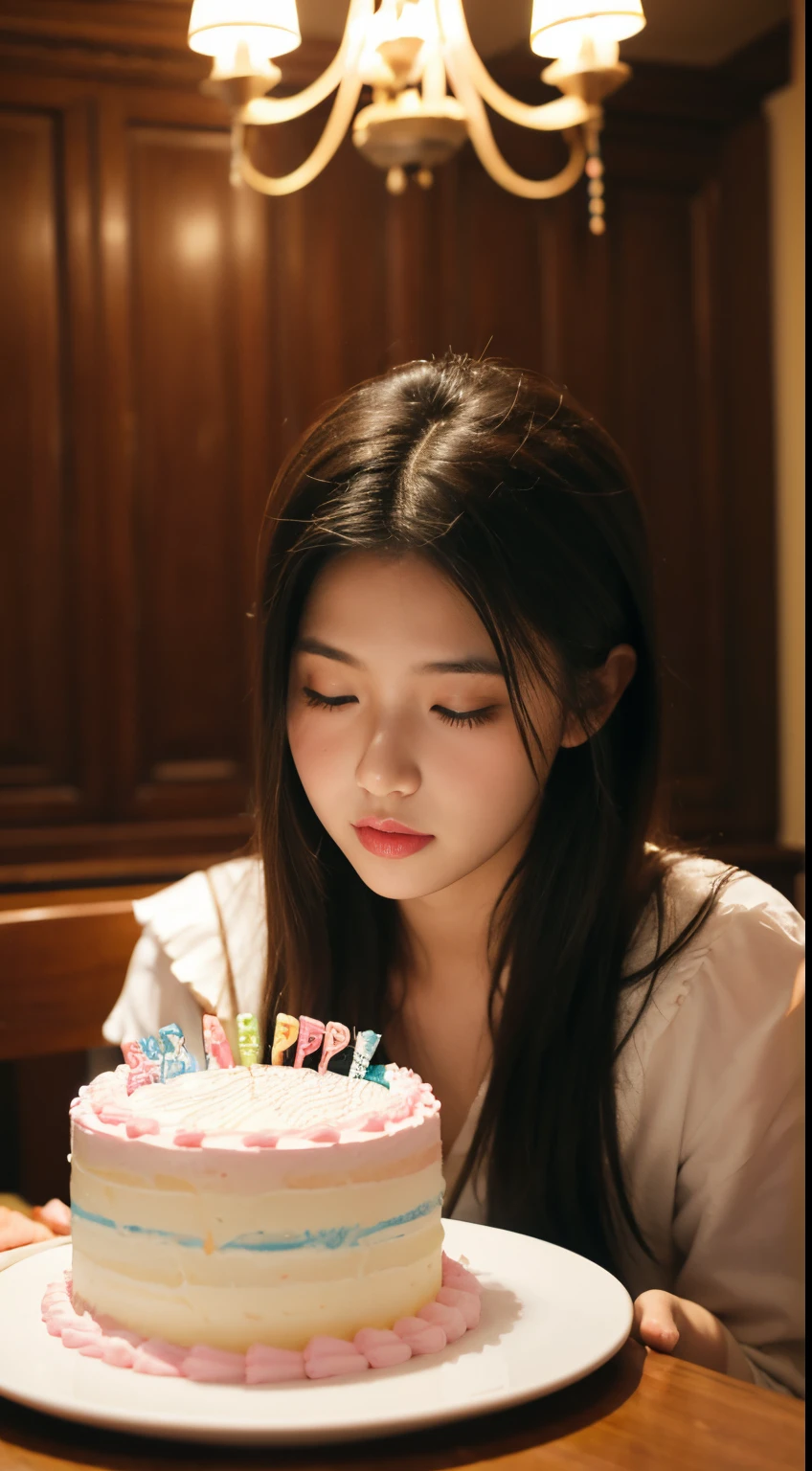 A girl, Features, blow birthday cake, birthday party, Colored lighting, dining room.