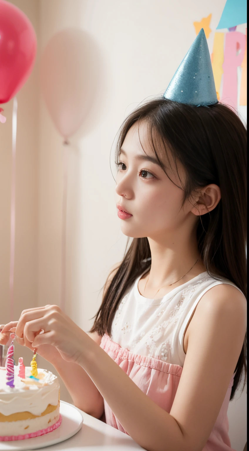 A girl, Features, blow birthday cake, birthday party, Colored lighting, dining room.