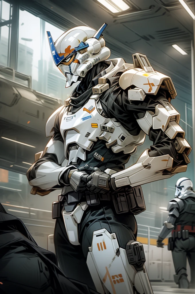 Clone trooper fighting in a future city against battle droids
