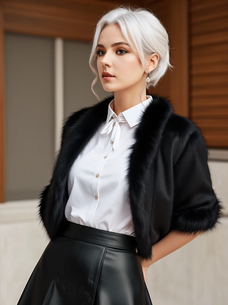Photorealistic, High resolution, 1 Women, Solo, hips up high,Lolita costume, Beautiful eyes, White hair, Ringed Eyes, Collared shirt,black necktie,Black skirt, pencil skirts, Fur coat