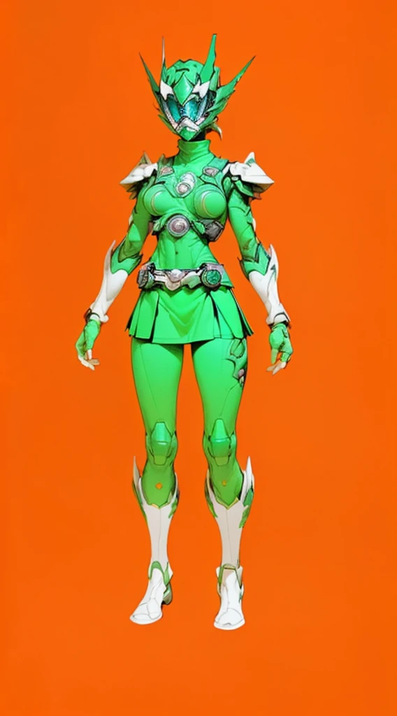 top-quality, Top image quality, masterpiece, character sheet, Full body, full of details, multiple poses, highly detailed, depth, many parts, one girl, solo, Standing, backgroun ruin temple, front view,body facing forward, power ranger, Ranger green, Headgear Helmet Green Power Ranger, no hair out, Green Mask cover face, Covering all face, mini skirt, big boob