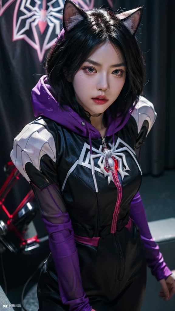 (gyeongsan:1.5), close up, masterpiece, best quality, raw photo, photorealistic, face, incredibly absurdres, beautiful girl, cute, short hair, depth of field, highres, ultra-detailed, finely detail, extremely detailed, extremely detailed eyes and face, sharp pupils, realistic pupils, sharp focus, ccinematic lighting spider - man and the sinister spider - woman, spider - gwen, spider-gwen, ( ( spiderwoman ) ), spider woman, spiderverse, spider - verse art style, gwen stacy, textless, spider gwen, miles morales, into the spider verse, into the spiderverse, artgerm and ilya kuvshinov, marvelous, spiderwoman!!A girl with long black hair that wavy on the bottom, wearing a purple and black spiderman outfit with a purple hoodie with cat ears / 8k full body