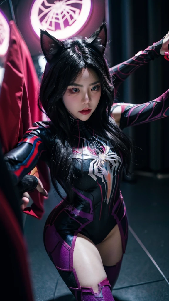 (gyeongsan:1.5), close up, masterpiece, best quality, raw photo, photorealistic, face, incredibly absurdres, beautiful girl, cute, short hair, depth of field, highres, ultra-detailed, finely detail, extremely detailed, extremely detailed eyes and face, sharp pupils, realistic pupils, sharp focus, ccinematic lighting spider - man and the sinister spider - woman, spider - gwen, spider-gwen, ( ( spiderwoman ) ), spider woman, spiderverse, spider - verse art style, gwen stacy, textless, spider gwen, miles morales, into the spider verse, into the spiderverse, artgerm and ilya kuvshinov, marvelous, spiderwoman!!A  girl with long black hair that  wavy on the bottom, wearing a purple and black spiderman outfit with a purple hoodie with cat ears / 8k full body