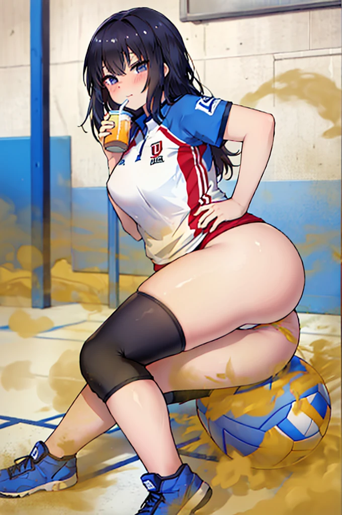 tmasterpiece，high high quality， girl，girl，Volleyball uniform，Sports warehouse，Very shy，fart，lies on the ground，drinking milk，with her hips raised，fart a lot