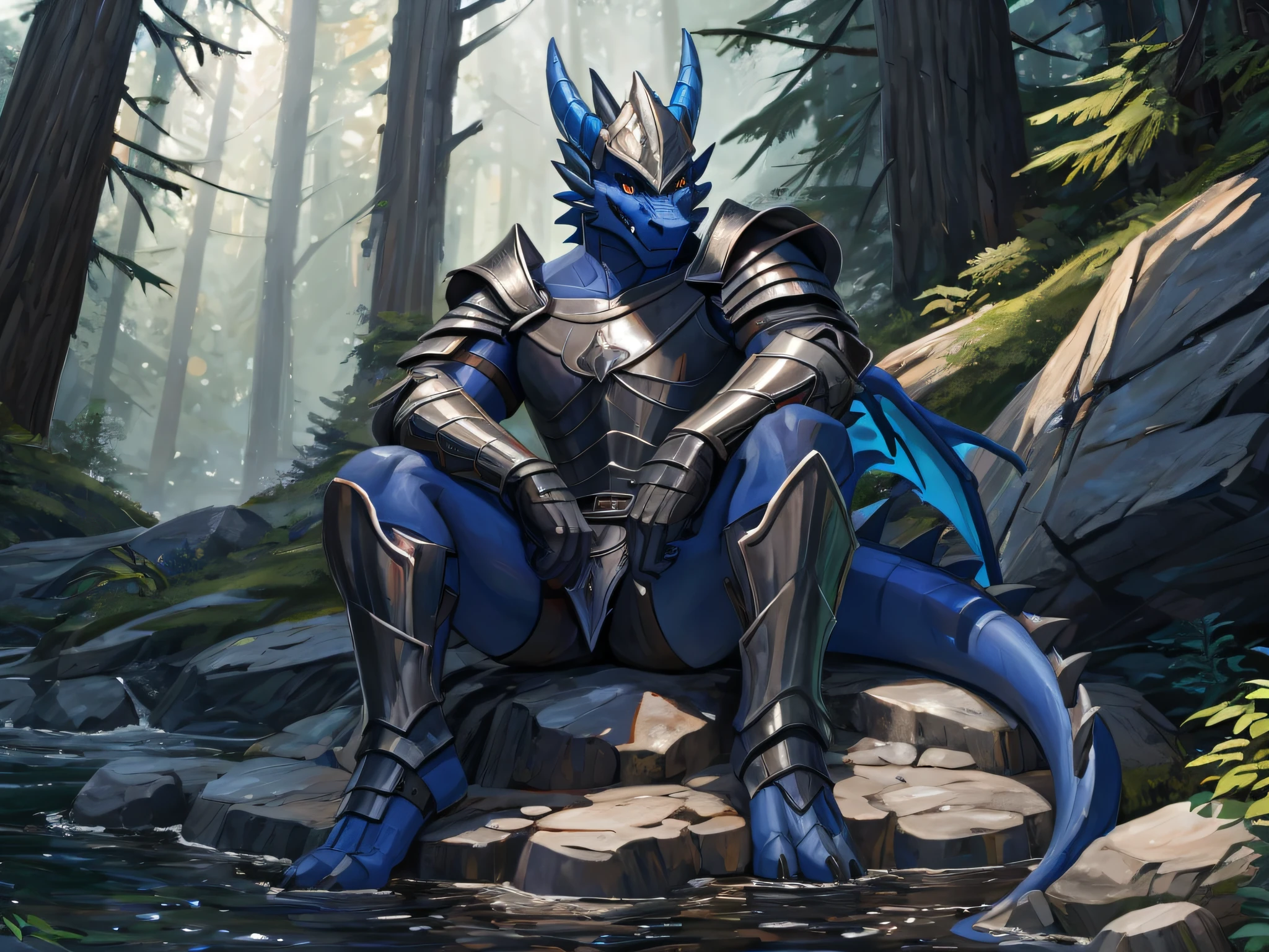 furry,bara,a dragon,masculine,blue skin,timid, Dark orange eyes,Dressed in a shiny black knight outfit..,Sitting on a rock beside a stream in the deep forest..,Turn your head and look straight ahead..,smile at the corner of your mouth.,bitter sharp teeth,10,10,Maximum resolution,Maximum surface resolution