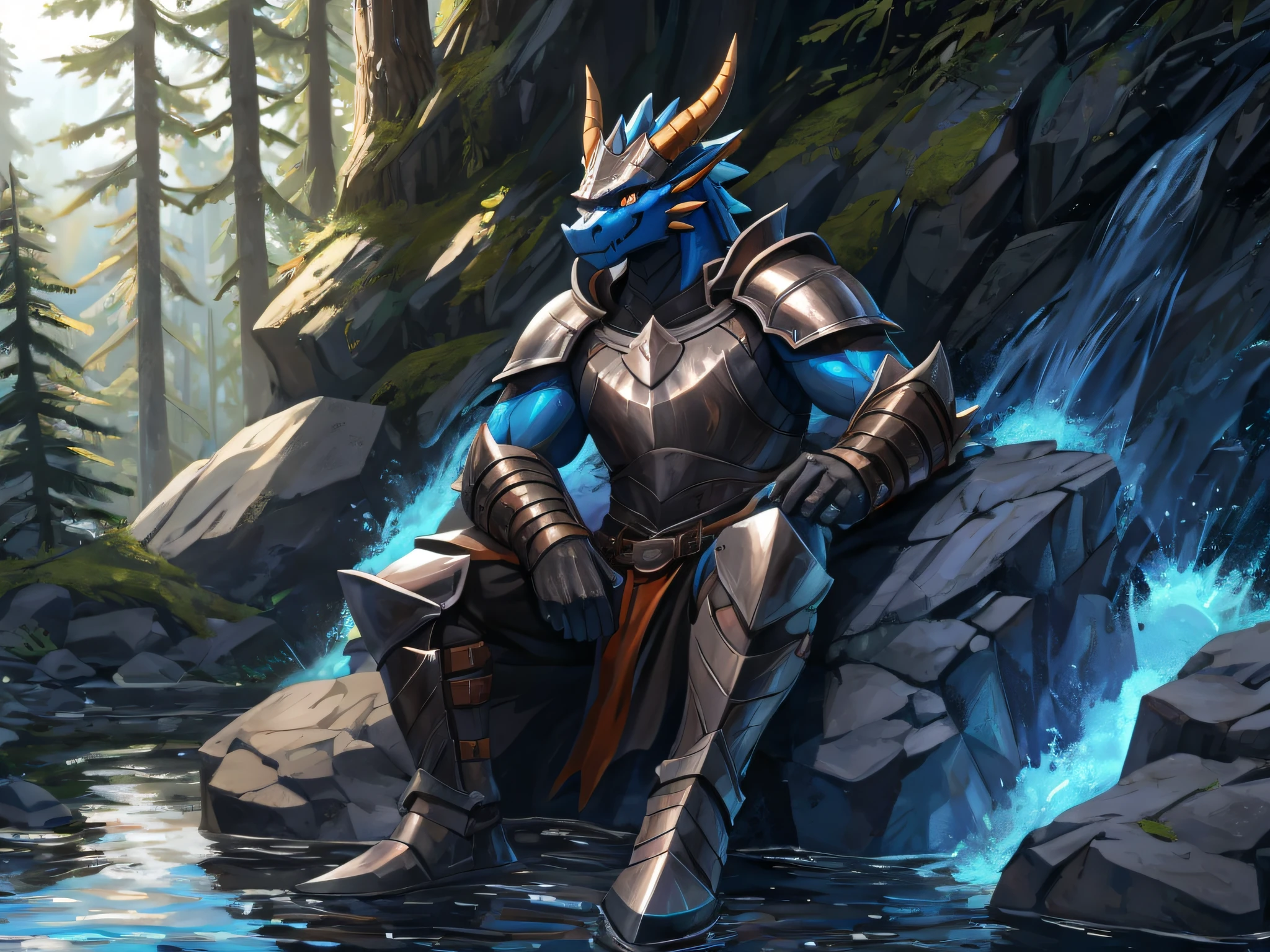 furry,bara,a dragon,masculine,blue skin,timid, Dark orange eyes,Dressed in a shiny black knight outfit..,Sitting on a rock beside a stream in the deep forest..,Turn your head and look straight ahead..,smile at the corner of your mouth.,bitter sharp teeth,10,10,Maximum resolution,Maximum surface resolution