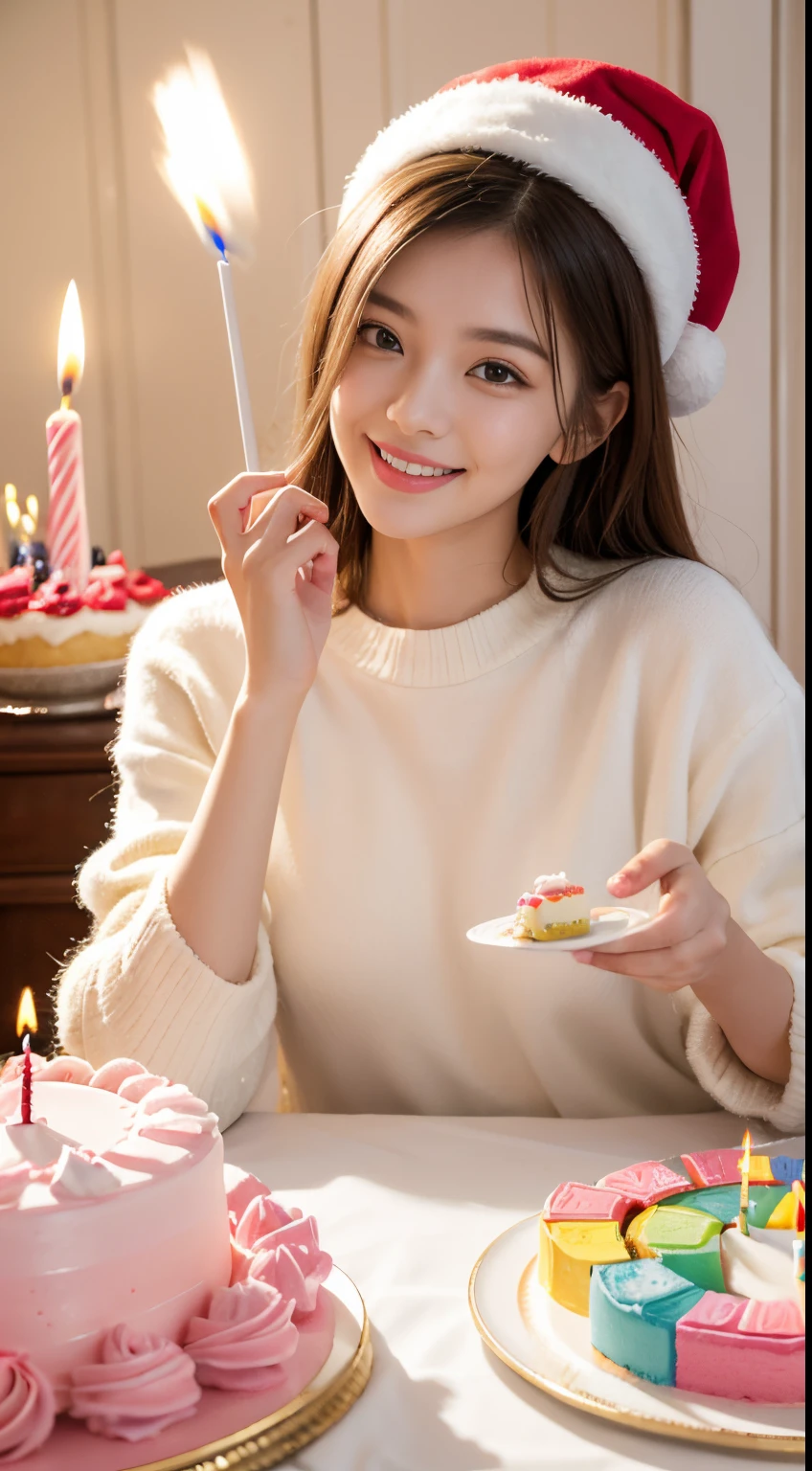 At home，Smile at the camera，Fashionable girl。Behind her is a beautiful decorative table，There is an exquisite birthday cake on the table。The cake is decorated with bright frosting and colorful candies，Full of festive atmosphere。Girl is blowing the birthday candles on the cake，Eyes filled with happy smile。The whole scene is very delicate，Every detail has been captured，From every eyelash on the girl to every sugar particle on the cake, everything is clear，true to life。The overall picture shows a strong colorful style，Create a warm and pleasant birthday atmosphere with bright and soft lighting。(best quality,ultra-detailed,highres,close-up),celebratory feeling,cake blowing,cute girl,smiling,stylish,stylish clothes,beautifully decorated table,birthday hat,colorful decorations,candles,bright lighting,joyful mood,vivid colors。