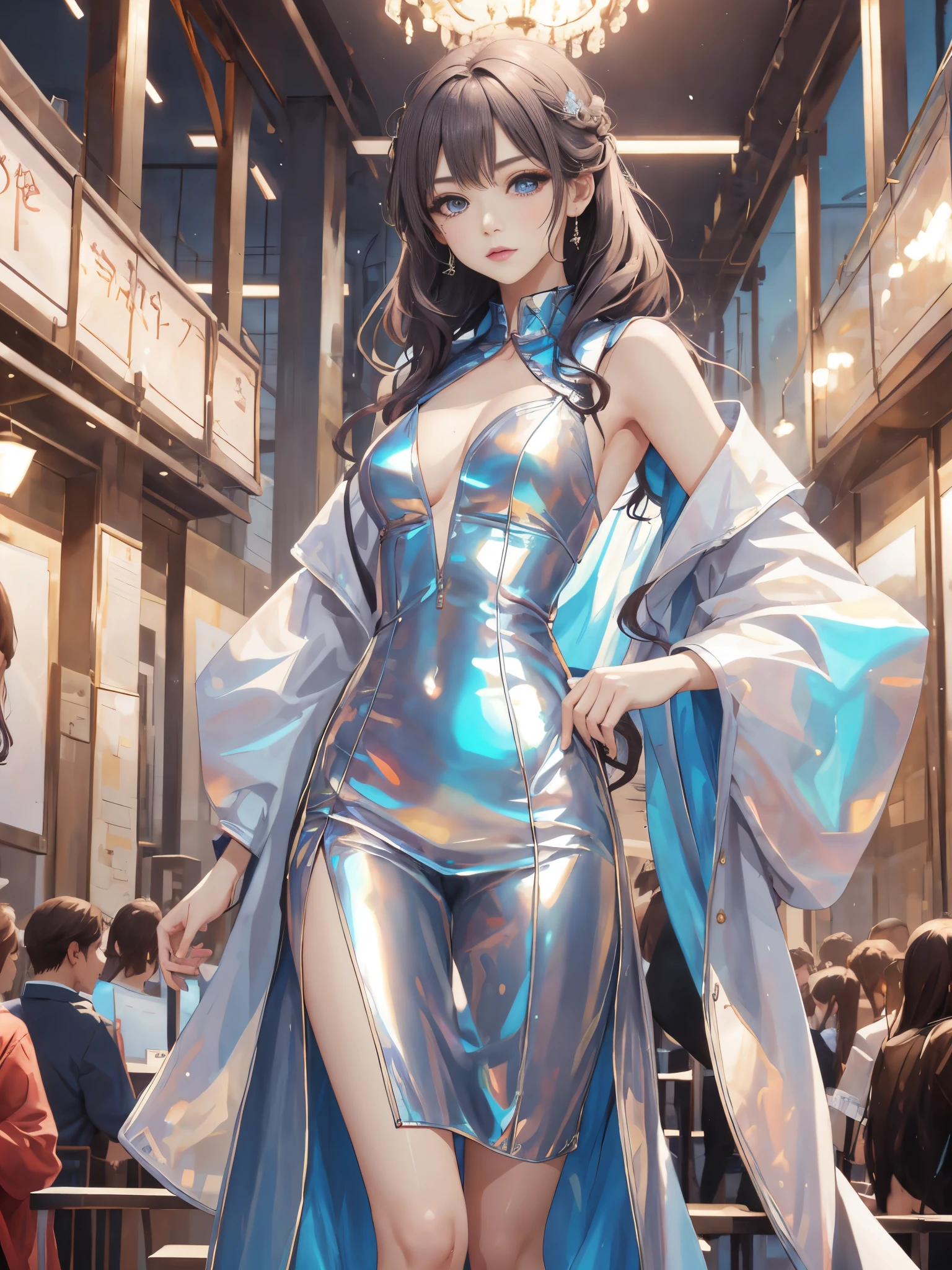8K, tmasterpiece, (iridescent clothing), A fashion model, dynamicposes, Cat steps, The expression is serious, vividness, A vibrant