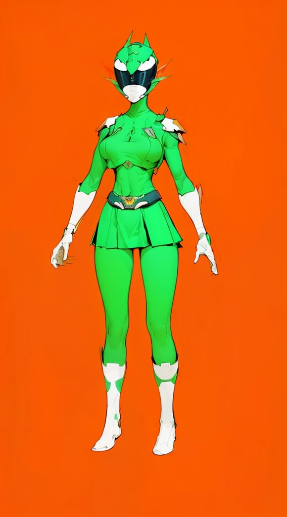 top-quality, Top image quality, ​masterpiece,  character sheet, Full body, full of details, multiple poses, highly detailed, depth, many parts, one girl, solo, Standing, backgroun ruin temple, front view,body facing forward, power ranger, Ranger green, Headgear Helmet Green Power Ranger, no hair out, Green Mask cover face, Covering all face, mini skirt, big boob