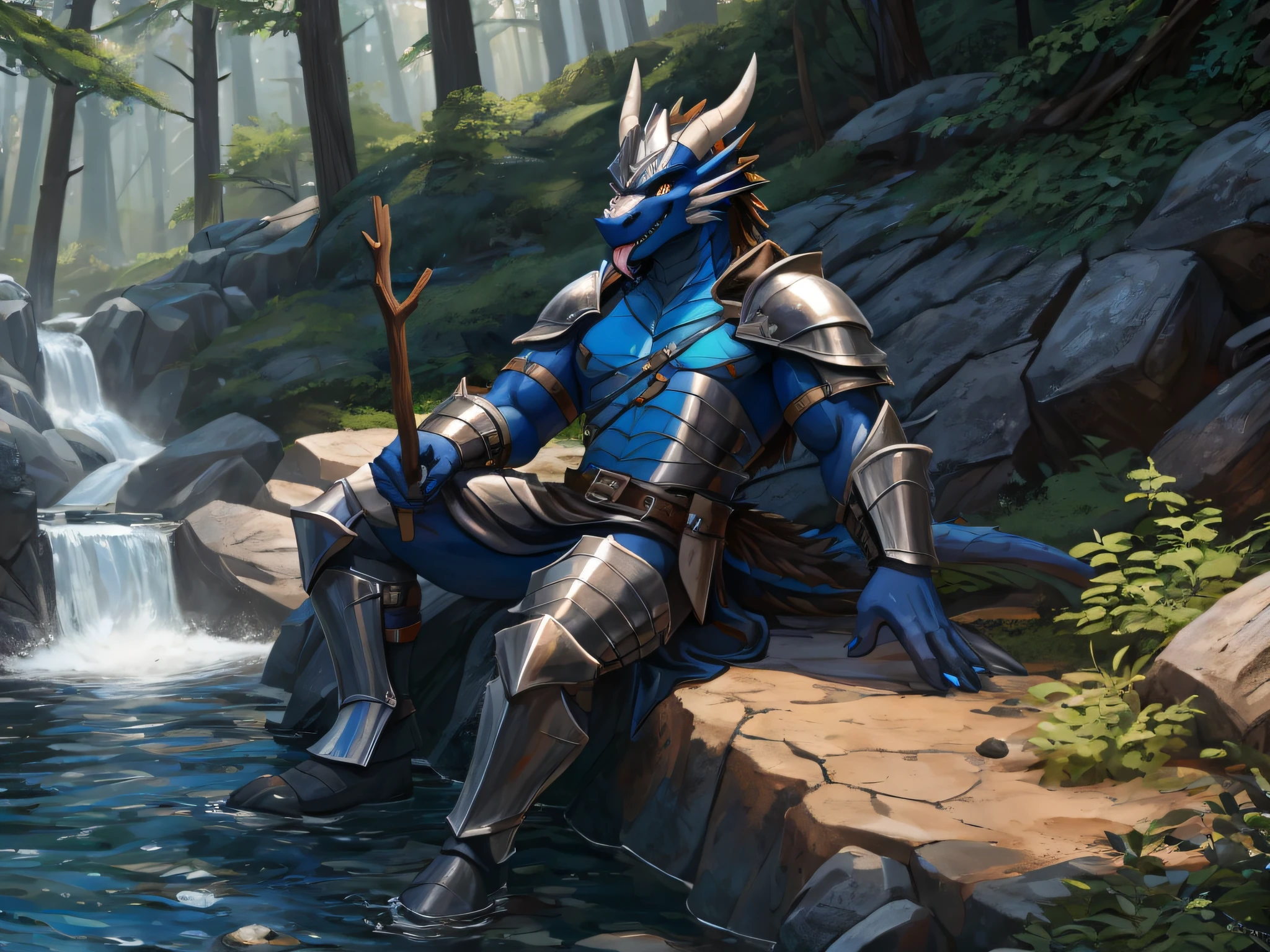 furry,bara,a dragon,masculine,blue skin,timid, Dark orange eyes,Dressed in a shiny black knight outfit..,Sitting on a rock beside a stream in the deep forest..,Turn your head and look straight ahead..,Sticking out your tongue in embarrassment,bitter sharp teeth,10,10,Maximum resolution,Maximum surface resolution