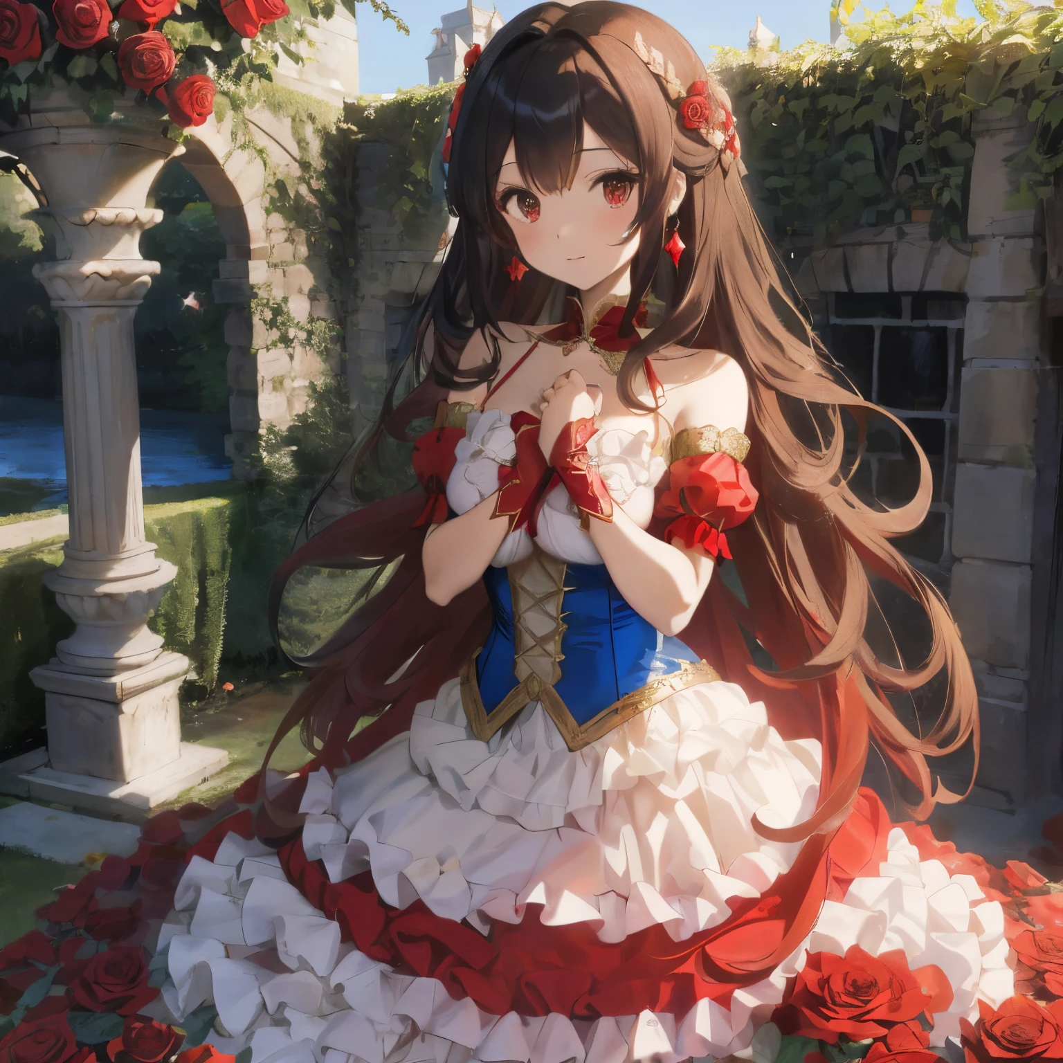 (Super long curly hair),(short-hair),Slight red tide,(A voluminous princess-like dress),(((Costume inspired by the French flag))),garden full of roses,