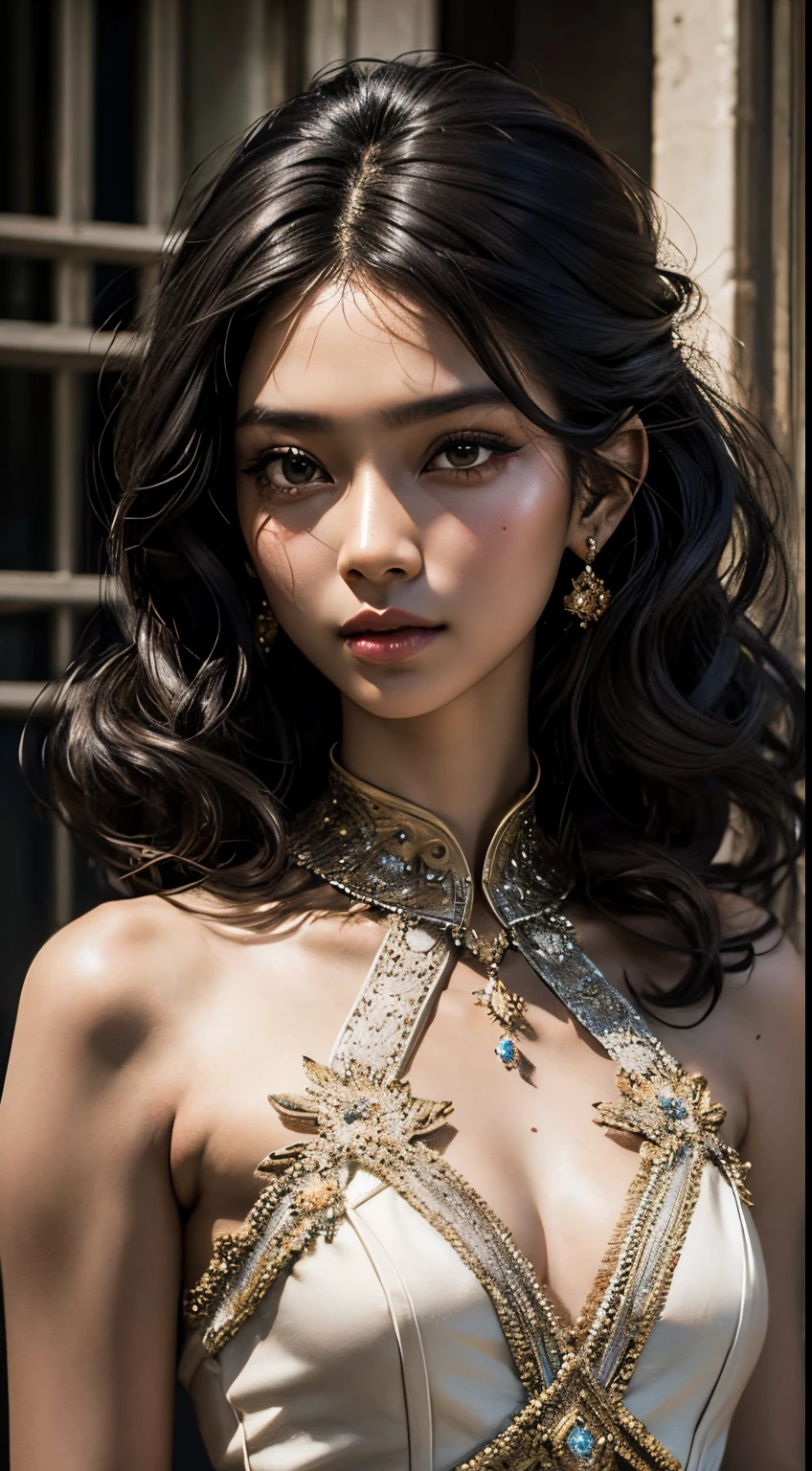 1 girl, Indonesian beauty, wavy black hair, medium hair, fashion hair, brown eyes, smaller head, slim body, realistic, masterpiece, ultra HD, raw photos, detailed face, detailed skin texture