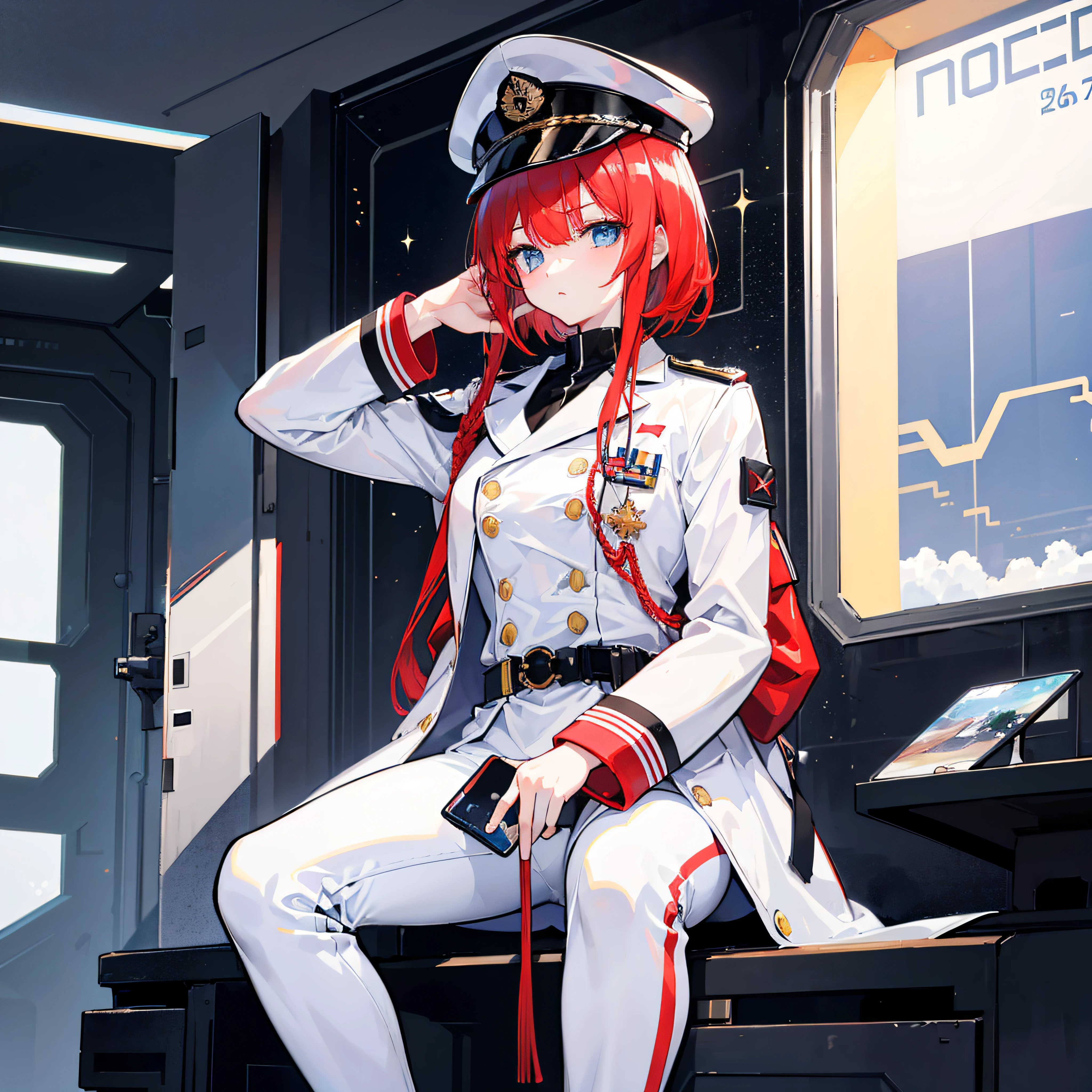 （（​masterpiece））、（（Top image quality））、（（Top image quality））、（Illustration of one girl）、full body Esbian、25-years old、Red-haired shorthair、（thin hair hanging down both sides of the face,）、Blue eyes、neuter、（（tall））、（（Muscular and strong body））、（（manspreading））、Opening legs、（（Military uniforms））、（（Military Cap））、（（Military coat））、（white  clothes）、（White pants）、（White cap）、trench coat、（（Inside the spaceship、Sitting in the captain's seat））、（Outside the window、kosmos、Earth seen from space、Spaceport）