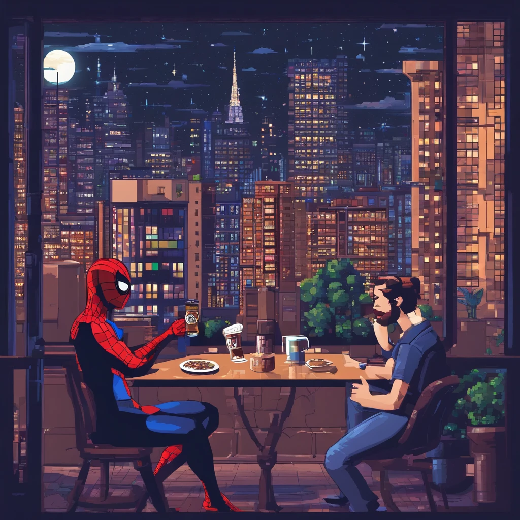 2people in the city,spiderman,recording podcast with microphone,drinking beer, in front of stars in window at night time hyper realistic,8k,ultra detailed hd,pixar style,high definition,16:9