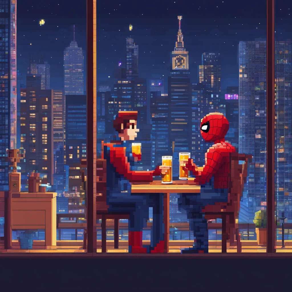 2people in the city,spiderman,recording podcast with microphone,drinking beer, in front of stars in window at night time hyper realistic,8k,ultra detailed hd,pixar style,high definition,16:9