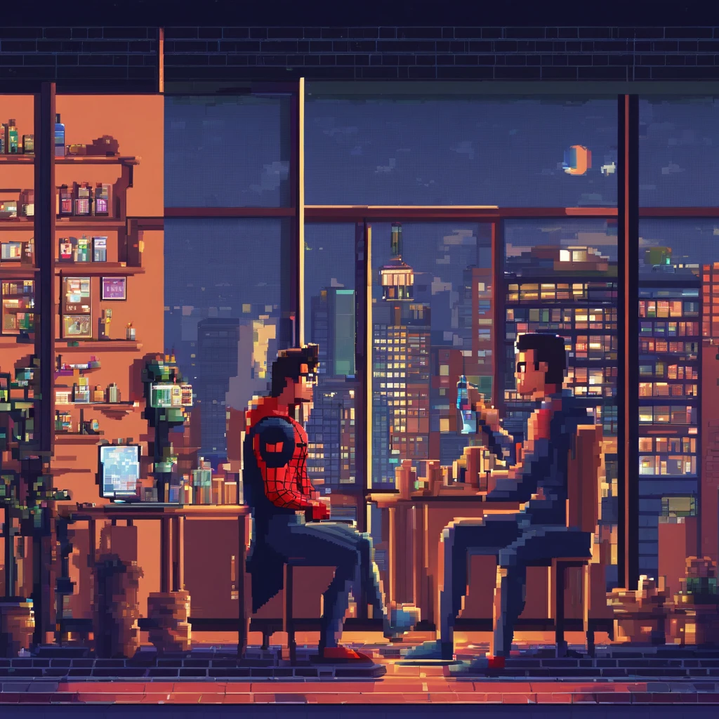 2people in the city,spiderman，recording podcast with microphone,drinking beer, in front of stars in window at night time hyper realistic,8k,ultra detailed hd,pixar style,high definition,16:9