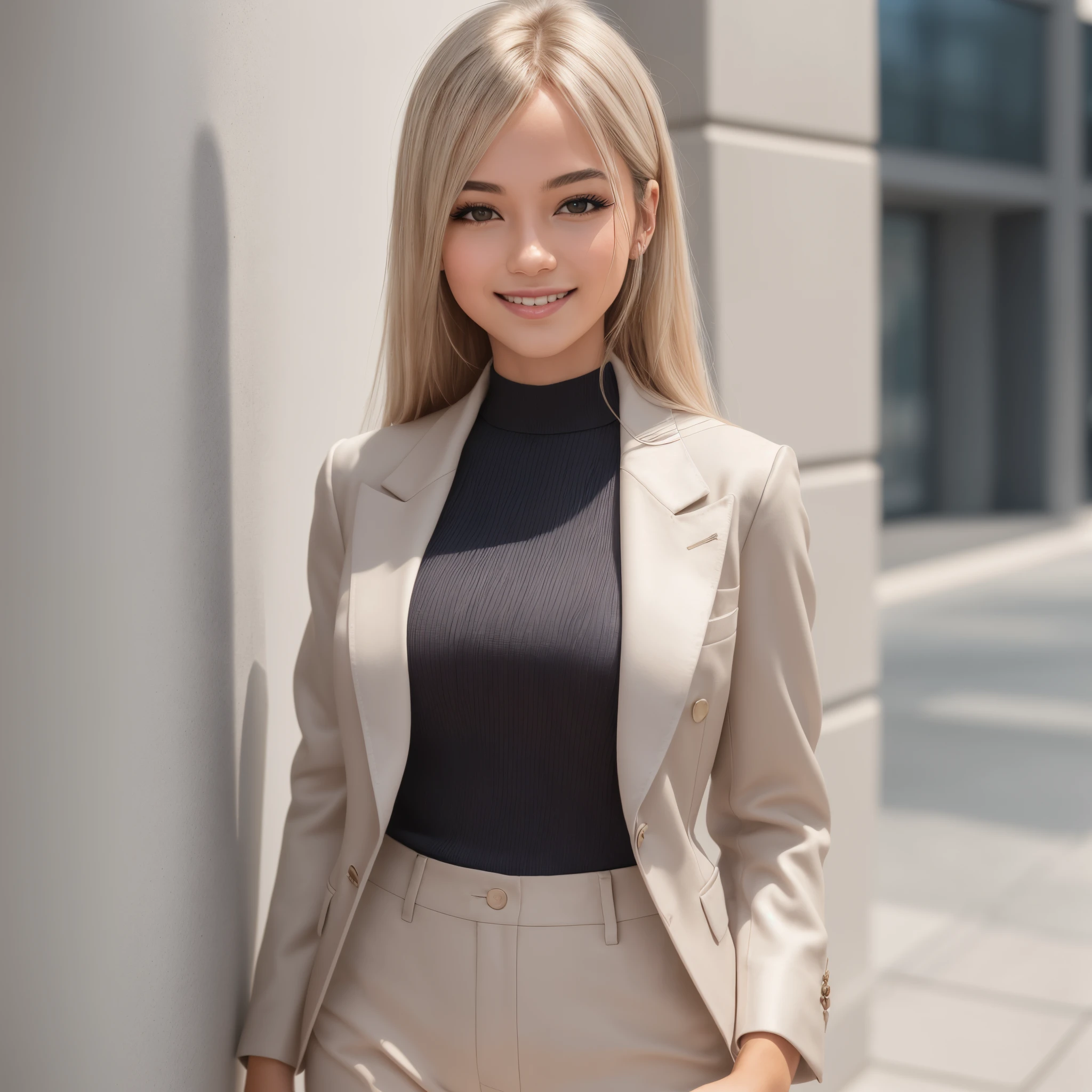 mix4, (raw photo),(best quality), (photorealistic),(simple white background:1.2), ,,a girl, upper body, high detail face, smile,[ash blonde | ginger | brown gray hair], Fujifilm XT3, High-waisted pants in a neutral tone like beige or camel or silver or blue, paired with a silk blouse and structured blazer, create a polished and powerful look, --auto --s2
