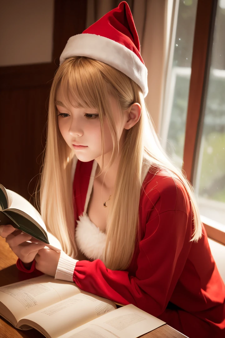 1 santa girl, ((wear santa girl costume)) ,long golden hair, short white clothes, 17y, extremely beautiful, melancholic face, listening to MP3, studying at the bedroom table, looking at the book, view from the corner of the table, melancholic mood, mourning mood, apple on the corner of the table , dark bedroom, lamp on the table, realistic high definition, traced path, highly detailed, high quality, 4K, CGSociety, rutkowski, stretcher, lighting deactivation