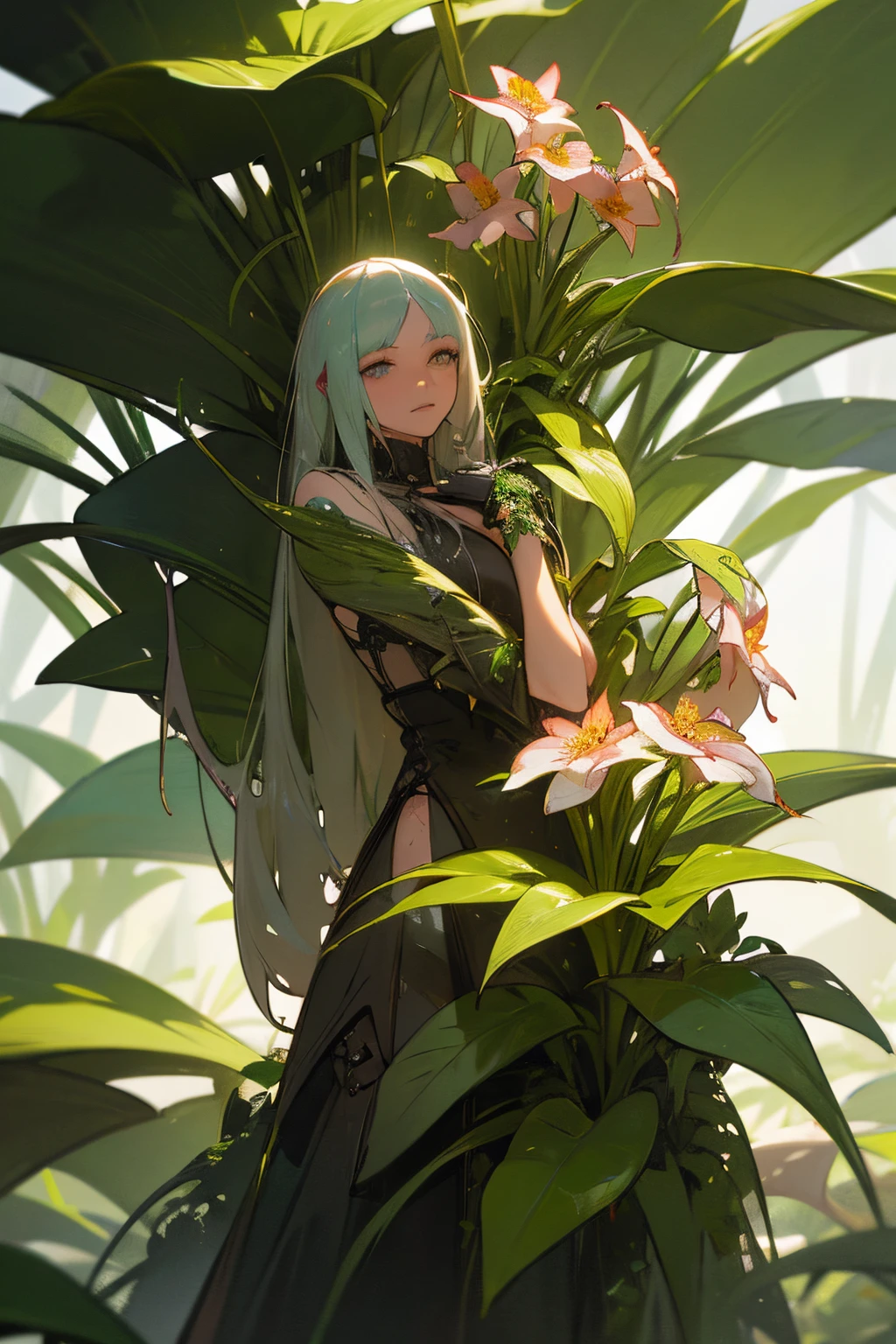 extremely detailed CG, cinematic lighting, 
fantasy plant humanoid with flowers, 
in plant body pitcher plant, meta humans, 
8k rende, unreal engine,