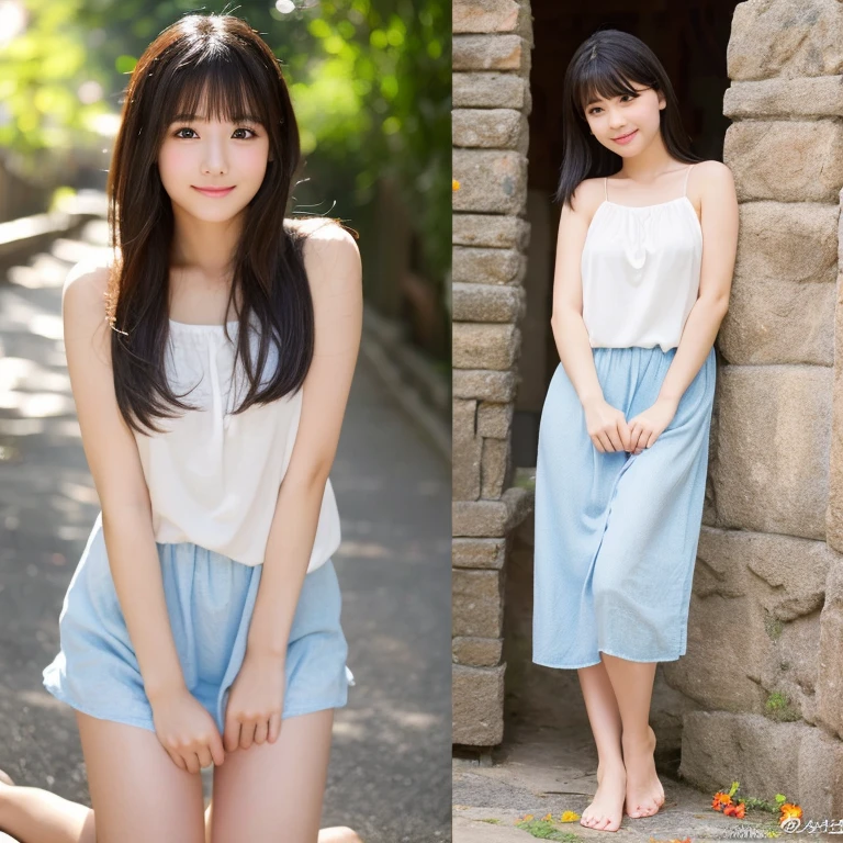 ((junior idol)),((slender)),(((6 years old))),(((female celft))),(((cute))),((((child girl)))),(((exposed pussy))),(((visible pussy))),(((visible mons pubic))),standing,((((no panties)))),(((lifted up skirt by wind))),(((NSFW))),smile,tank top,low neck,