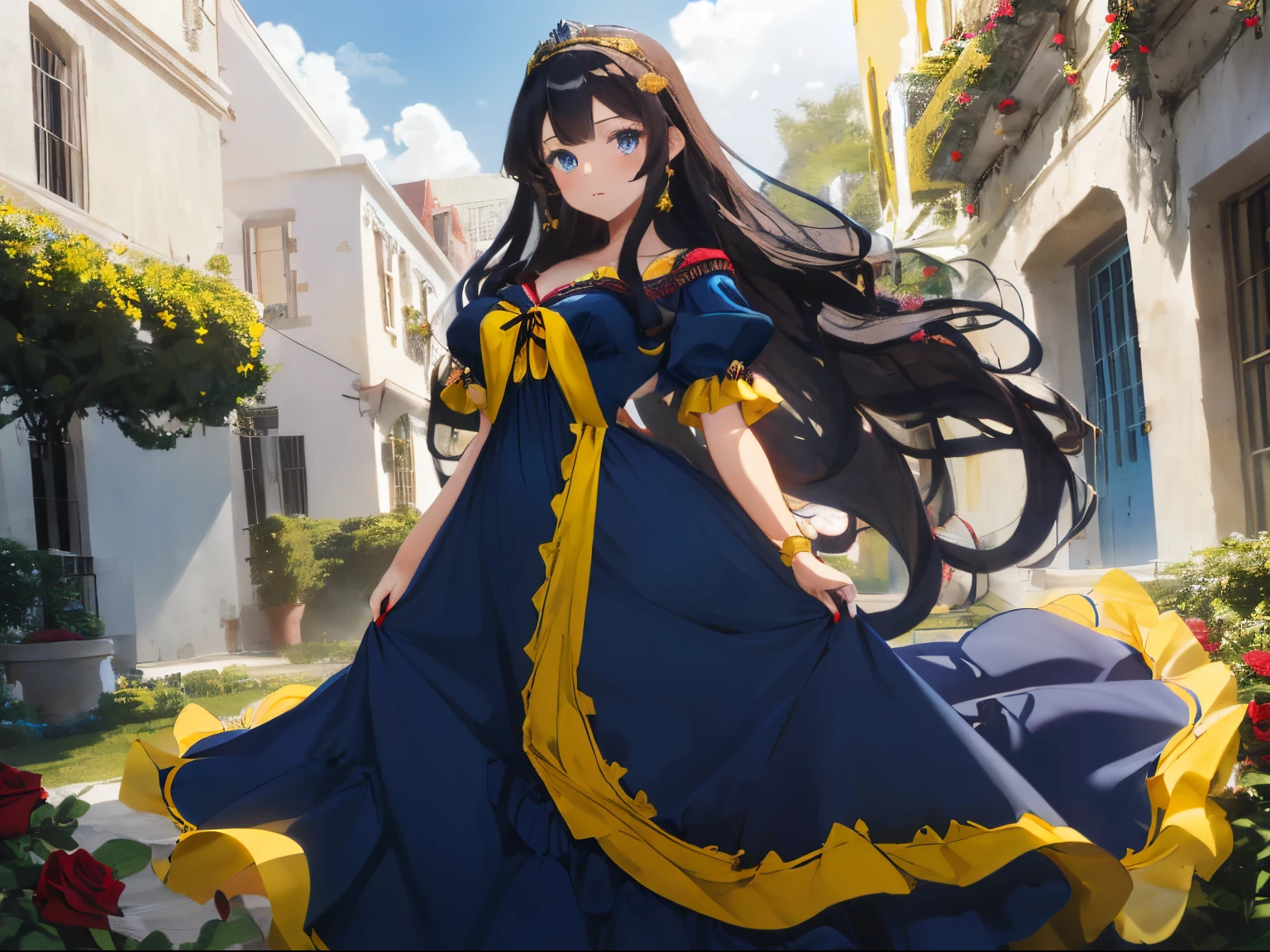 A dark-haired,(Super long curly hair),(Blue eyes),Slight red tide,(A voluminous princess-like dress),(((navy blue and yellow dress)))((Costume inspired by the Barbados flag)),garden full of roses,