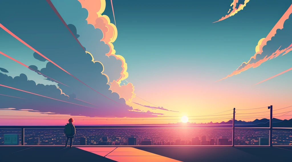 Lofi, vector, boy, aesthetic, anime, sunset, colourful clouds, landscape, chill