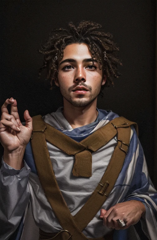 wired man in a silver tunic and brown sash, inspirado em Mathieu Le Nain, inspirado em Giovanni Lanfranco, inspirado em Louis Le Nain, Portrait of Crazy Post Malone, Sqare-jawed em roupas medievais, Album art, renaissance prince, inspirado em Alessandro Allori, pintura de um homem, humano vestido como um touro, Retrato do cavaleiro