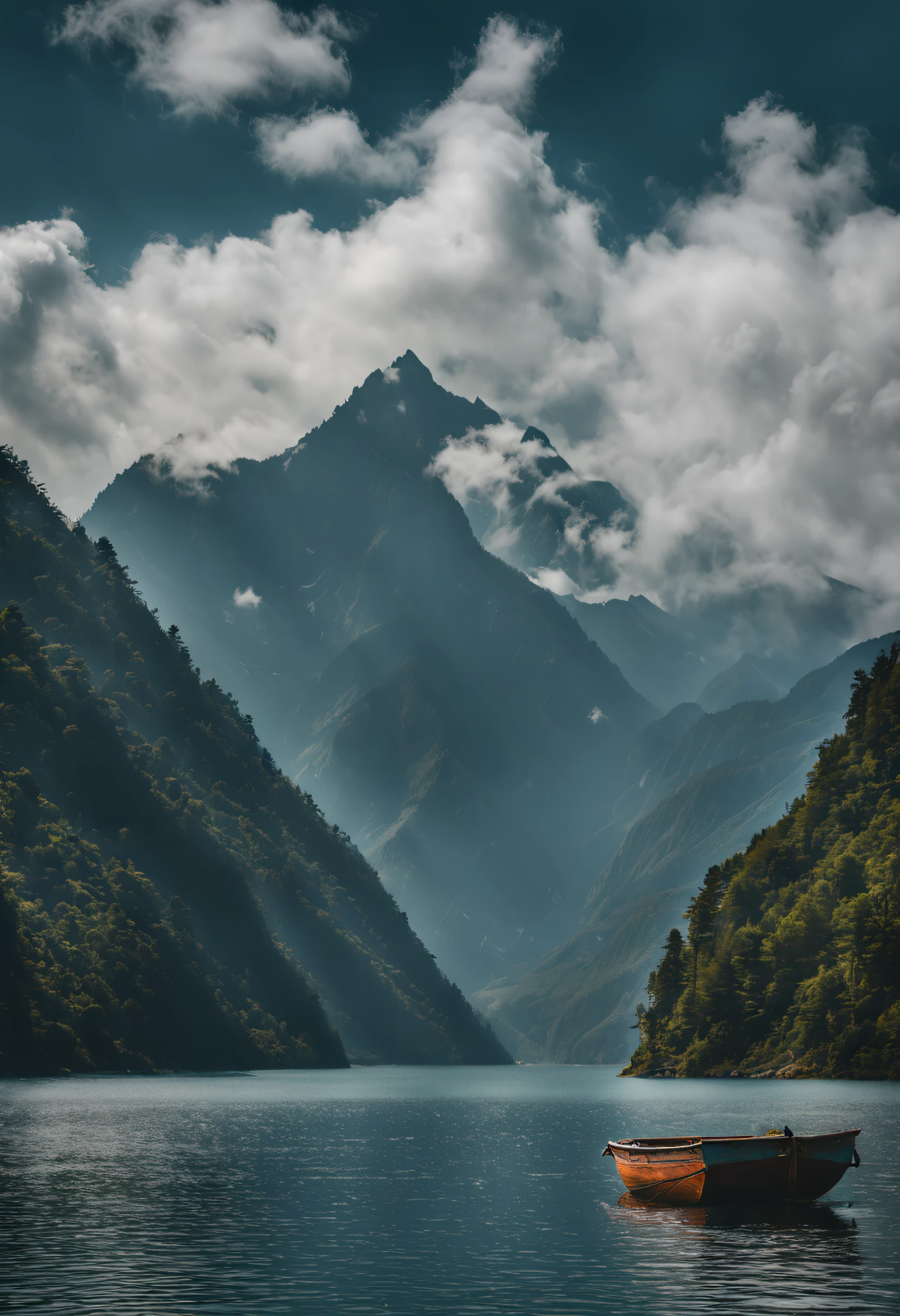 There are several clouds in the sky,There is a boat in the water, Franz Haji (Franz Hagy) photo taken, unsplash, free images, Mountain environment, mountainous background, mountainous terrain, Surrounding mountains, Mountainous, mountain in background, Mountains on the background, Monte, Stunning Himalayan landscape, Mountains on the background, mountain scene, background of mountain