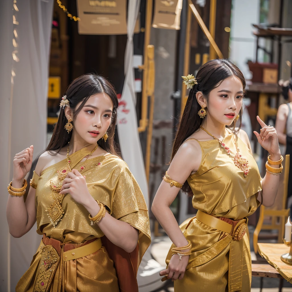 (best quality,4k,8k,highres,masterpiece:1.2),ultra-detailed,(realistic,photorealistic,photo-realistic:1.37),Thai traditions costumes,beautiful detailed eyes,beautiful detailed lips,extremely detailed eyes and face,longeyelashes,1girl,traditional dance,elaborate costume design,vibrant colors,ornate headpiece,elegant hand gestures,golden embroidery,elaborate patterns,authentic Thai jewelry,golden belt and accessories,graceful movements,traditional dance poses,bright and colorful background,rich cultural heritage,traditional Thai music,sparkling bracelet,traditional Thai makeup,detailed finger movements,celebration of Thai traditions,vivid colors,artistic interpretation,meticulous attention to detail,traditional Thai hairstyle,traditional Thai fabric/textiles,beautifully handcrafted,traditional Thai dance moves,Thai cultural identity,traditional Thai accessories,expressive facial expressions,traditional Thai dance routine,lively and energetic performance,traditional Thai dance techniques,charming and captivating.