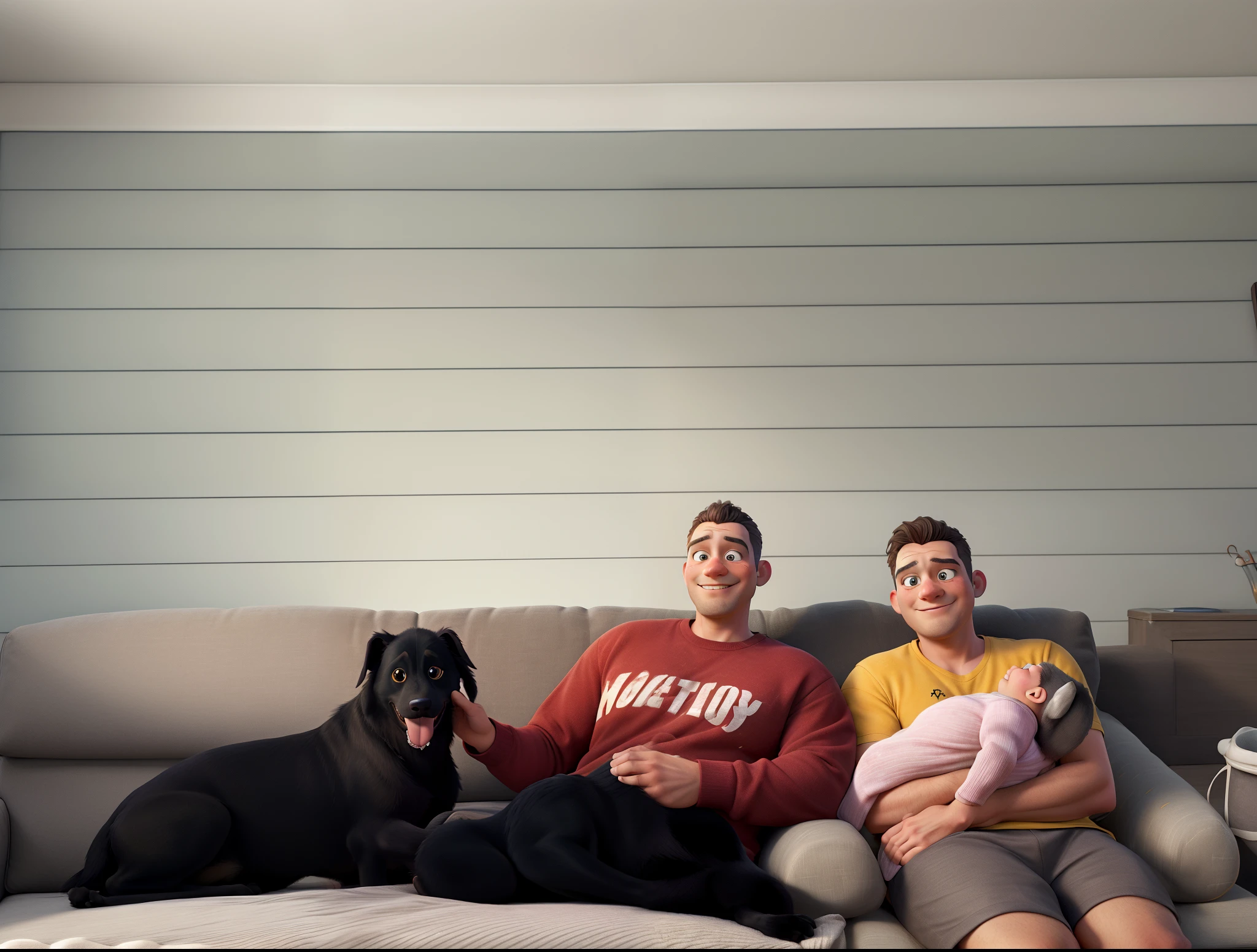 (best quality, highres:1.2),ultra-detailed, realistic:1.37, A man in a yellow shirt holding a newborn baby, a woman in a maroon shirt and black tights, and a black dog sitting on a sofa, posing for a photo, [comfortable living room], [natural lighting], vivid colors, [warm atmosphere], [tender moment], [happy family], [caring parents], soft shadows, [hearts touching], [life's precious moments], [joyful occasion], [new beginnings], peaceful ambiance, [beauty of togetherness], [special bond], [unconditional love],pleasing background, 8k, highres, best quality, high details, masterpiece, detailed hair, soft light,