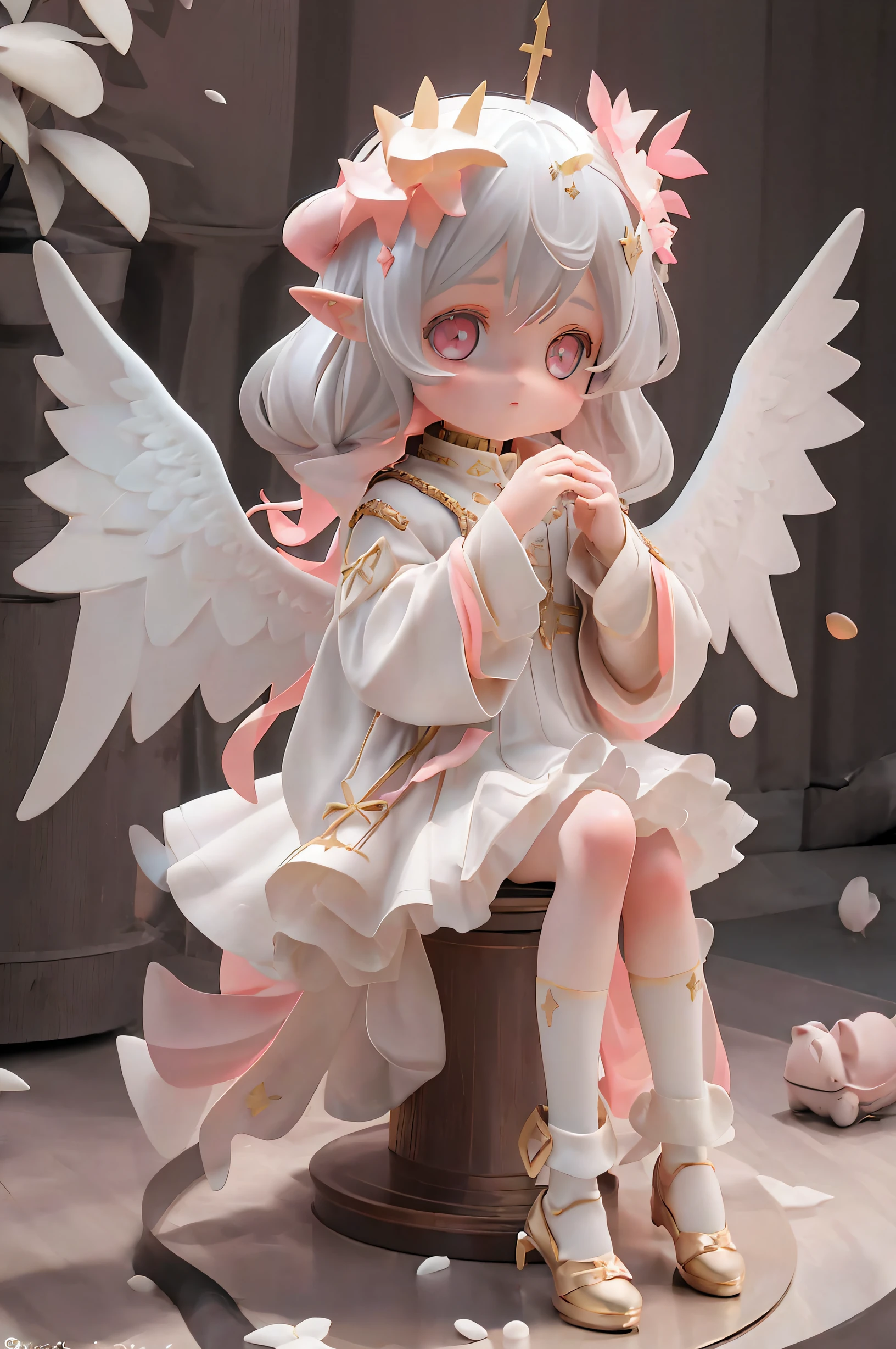 coiffed blonde hair，Silver Eyes，Pink dress，sitting on a stool，Legs up，little wings，Little angels，ultra HD picture quality，SD doll feeling，Cute  characters，very cute and divine，elvish ears