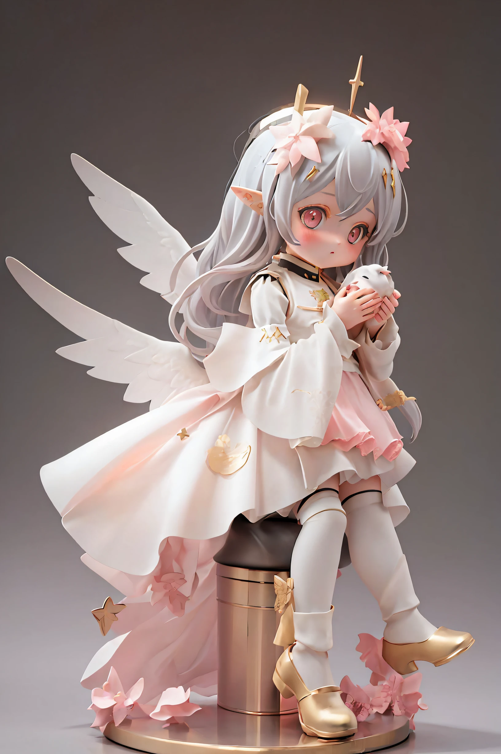 coiffed blonde hair，Silver Eyes，Pink dress，sitting on a stool，Legs up，little wings，Little angels，ultra HD picture quality，SD doll feeling，Cute  characters，very cute and divine，elvish ears