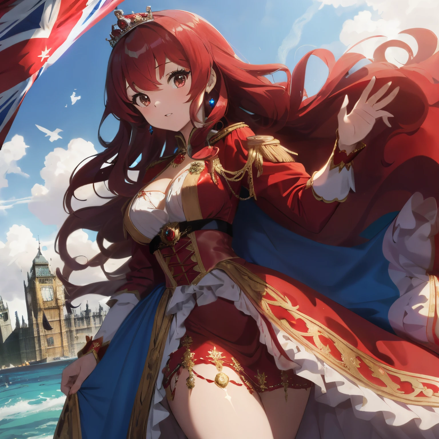 (Super long curly hair),(short-hair),Slight red tide,(A voluminous princess-like dress),(((Costume inspired by the British flag))),