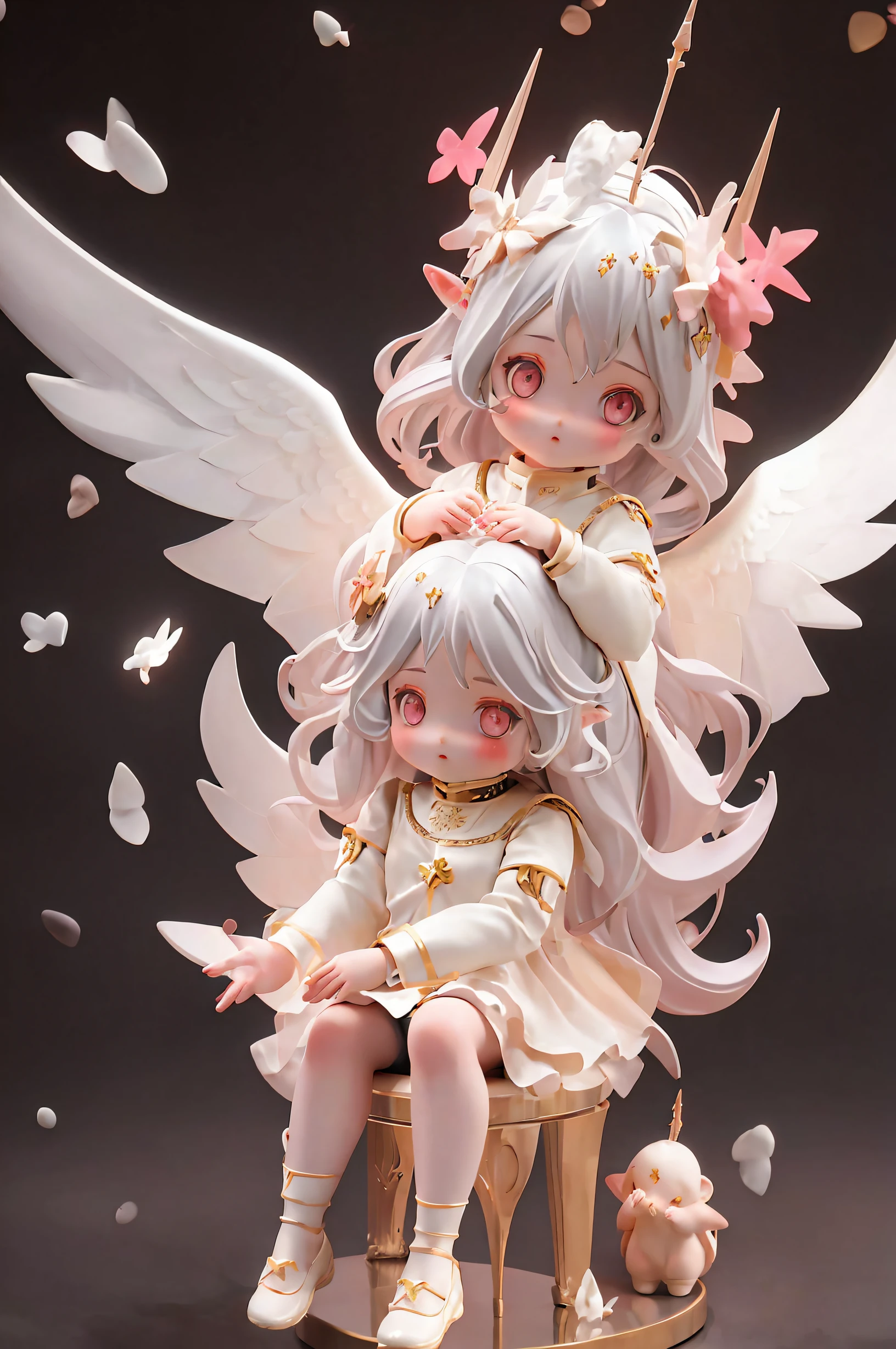 coiffed blonde hair，Silver Eyes，Pink dress，sitting on a stool，Legs up，little wings，Little angels，ultra HD picture quality，SD doll feeling，Cute baby characters，very cute and divine，elvish ears